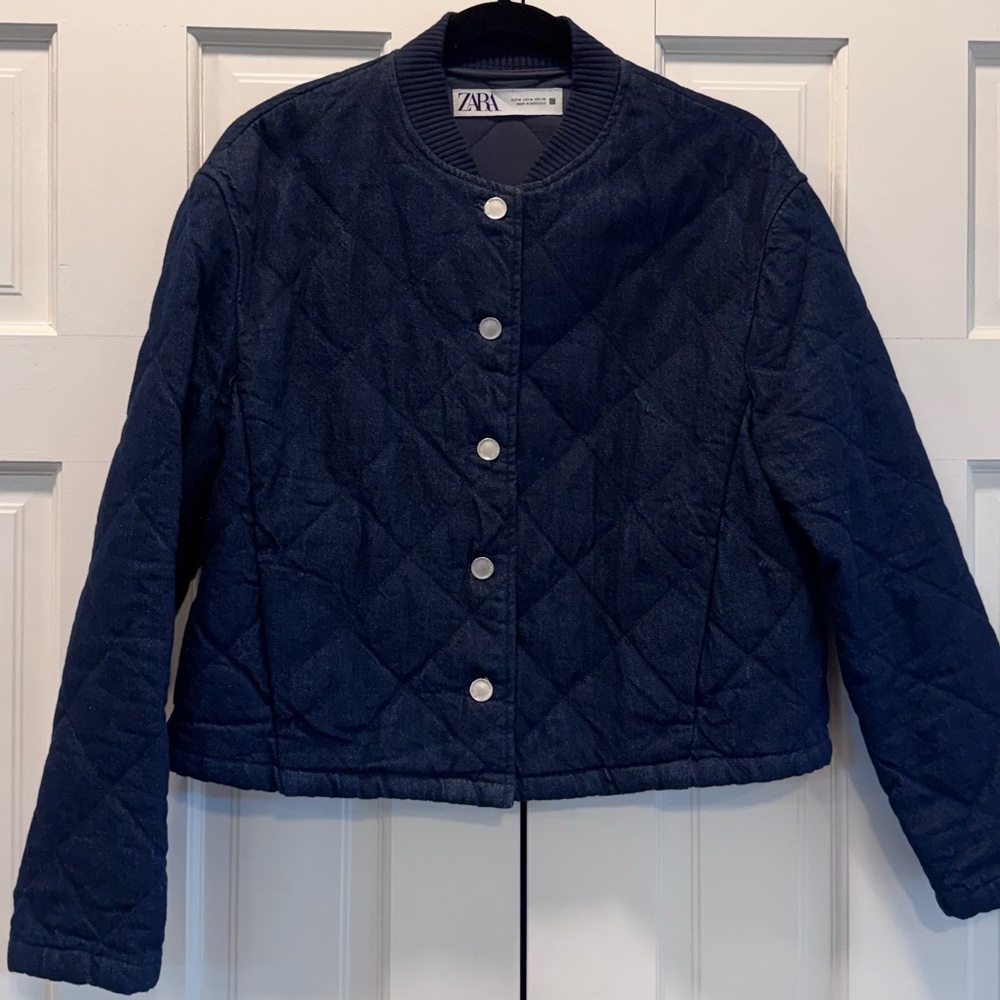 ZARA Navy Denim Quilted Snap-Front Jacket